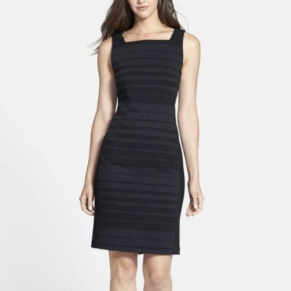 Eileen Fisher Charcoal Stripe Square Neck Stretch Ponte Knit Sheath Dress 12 NWT - Picture 1 of 15